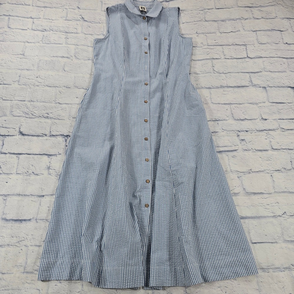 Anne Klein Seersucker Midi Dress Women 4 Blue White Striped Sleeveless Button Up